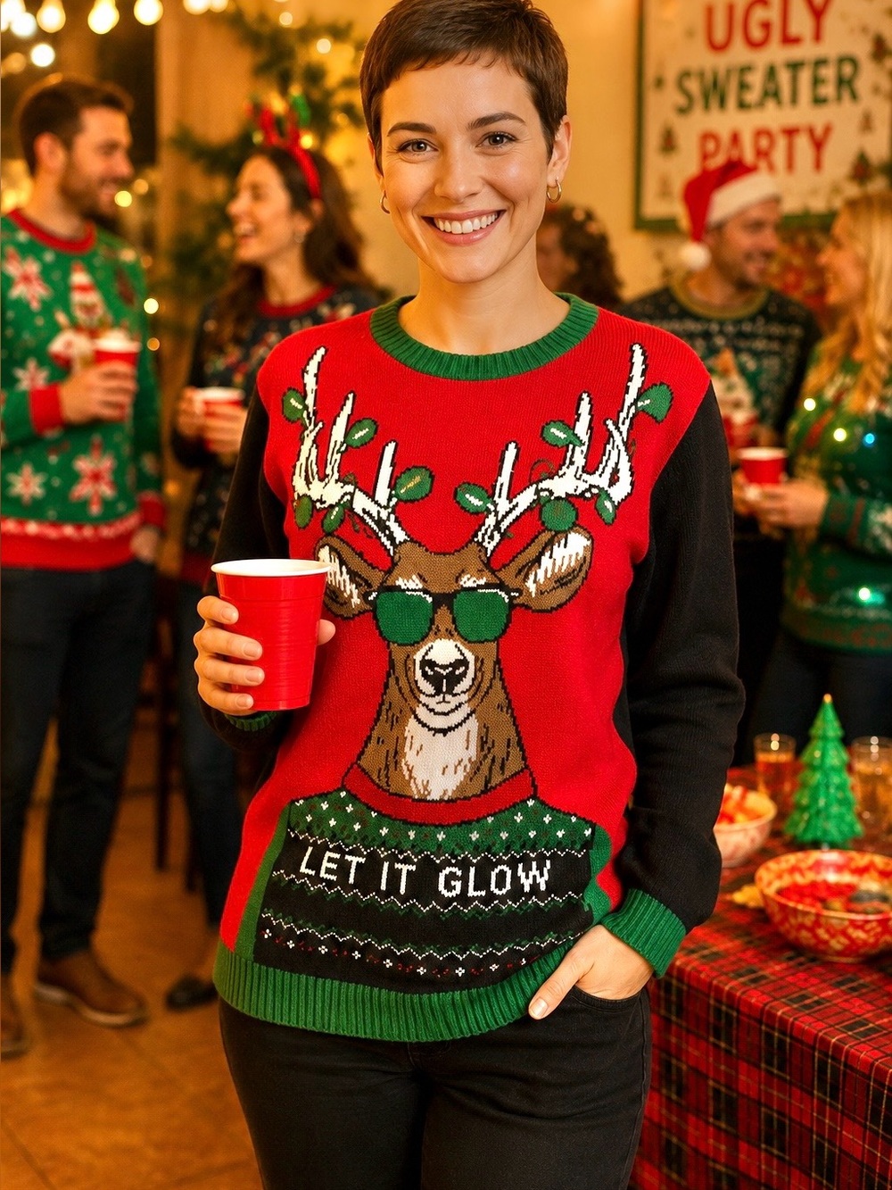 Ugly Christmas Sweater Reindeer Sunglasses Led Light Up Womens Sz M Red Green